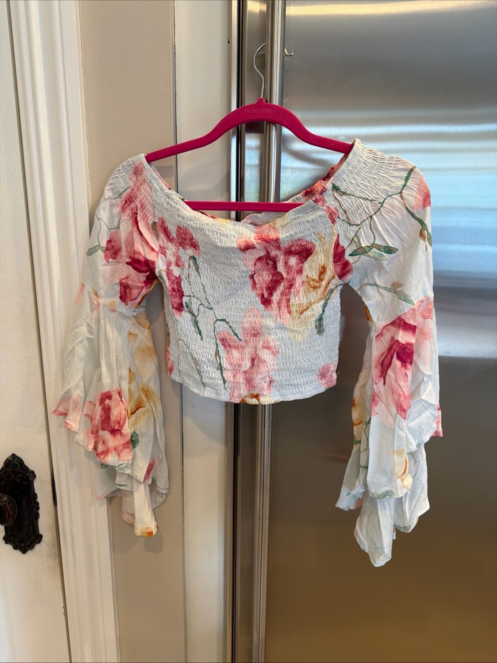Jaase Floral Off-Shoulder Smocked Crop Top Bell Sleeve Size M New